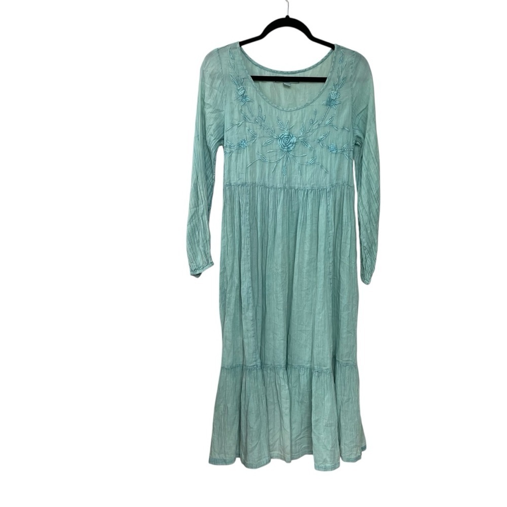 April Cornell Light Green Tiered Midi Dress with Floral Embroidery XS
